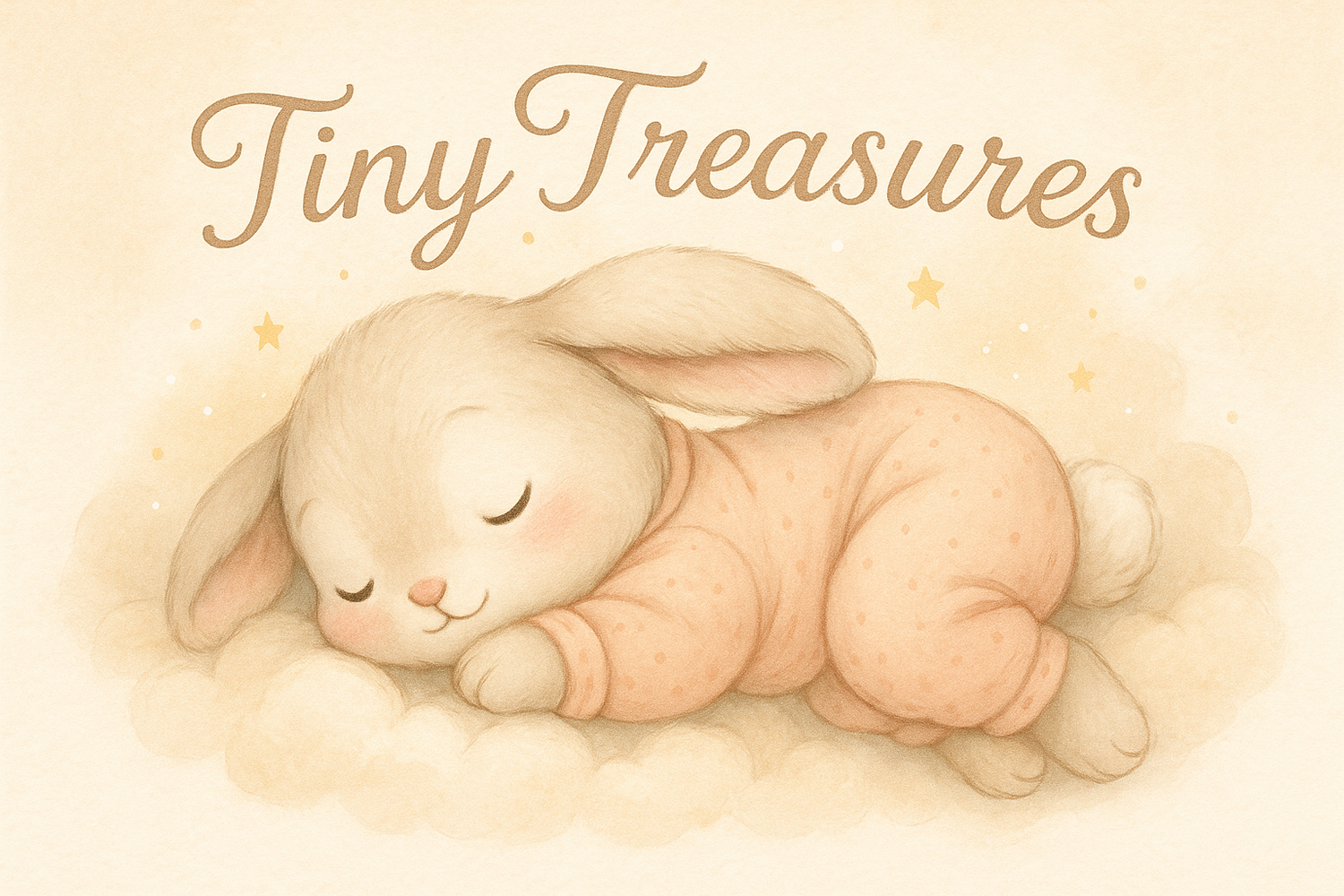 Bunny sleeping with the Tiny Treasures name in the background the bunny is in comfy cloths 